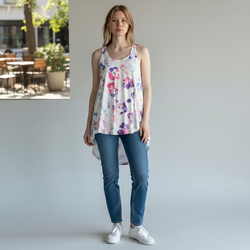 Phil Love Womens Watercolor Leopard Print Racerback High Low Tank Top White